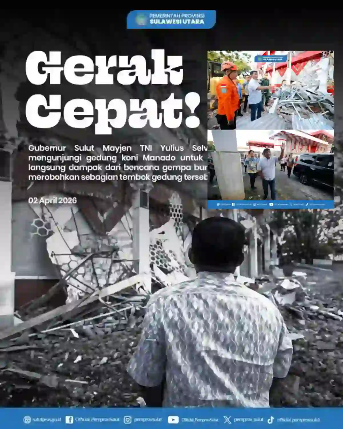 Gubernur Yulius Tinjau Kerusakan Gedung KONI Manado Pascagempa